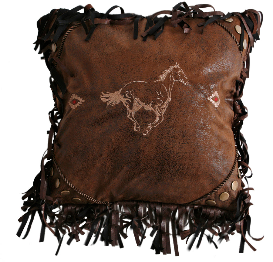 Carstens Embroidered Horse Faux Leather Throw Pillow