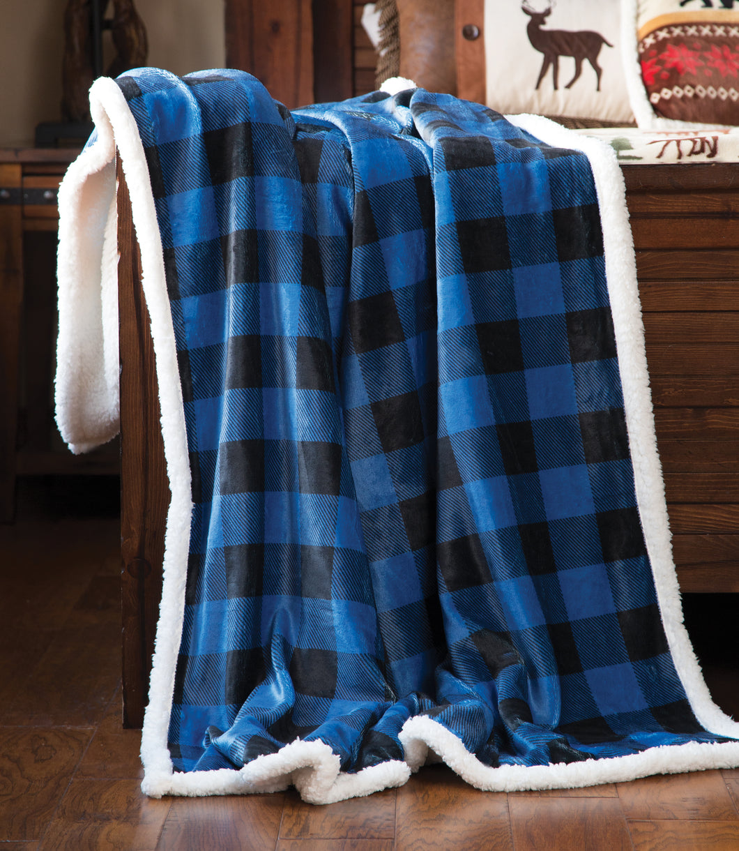 Carstens Wrangler Blue Lumberjack Buffalo Plaid Sherpa Fleece Throw Blanket